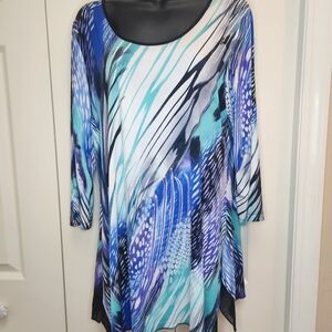 [L] Bianca Nygard Blue Abstract Patterned Women's Tunic Top Sz Large 3/4 Sleeves
